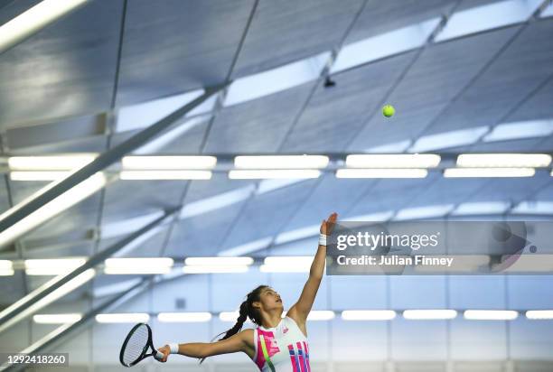 Emma Raducanu serves during their round robin match against Katy Dunne during Day Two of the Battle of the Brits Premier League of Tennis at the...