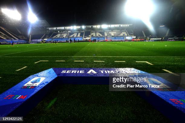 The arch with the logo of serie A is displayed prior the Serie A match between Atalanta BC and AS Roma at Gewiss Stadium on December 20, 2020 in...