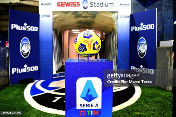 Ball of Nike and serie A logo is displayed prior the Serie A match between Atalanta BC and AS Roma at Gewiss Stadium on December 20, 2020 in Bergamo,...