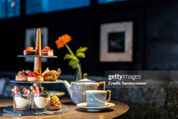 close-up of afternoon tea dessert - teatime stock pictures, royalty-free photos & images