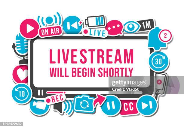podcast live stream banner sign video blog vlogger icon set - on air sign vector stock illustrations
