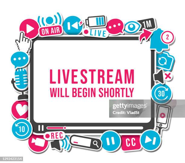 podcast live stream banner sign video blog vlogger icon set - on air sign vector stock illustrations