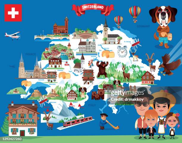 cartoon map of switzerland - zurich map stock illustrations