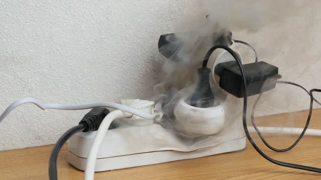 Ignition of overloaded power strip on desk in office. fire from power sockets
