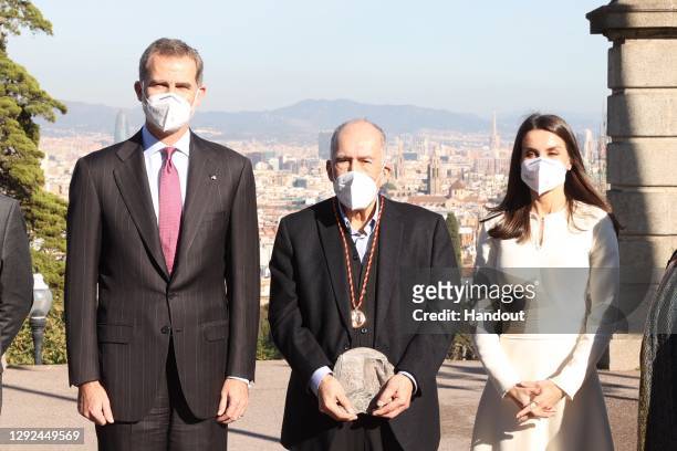 In handout image provided by the Spanish Royal Household, King Felipe VI of Spain and Queen Letizia of Spain attend the 'Miguel de Cervantes 2019'...