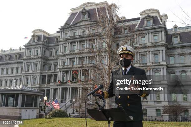 Surgeon General Jerome Adams speaks to the media outside the White House on December 21, 2020 in Washington, DC. Adams talked about why President...