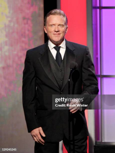 Actor Anthony Michael Hall speaks onstage during The 25th American Cinematheque Award Honoring Robert Downey Jr. Held at The Beverly Hilton hotel on...