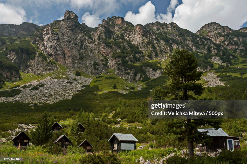 Scenic view of trees and houses against sky,Rila National Park,Bulgaria