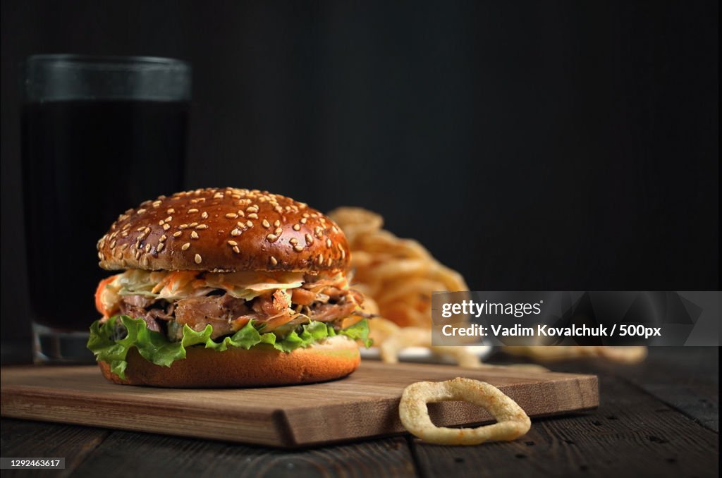 Close-up of burger on cutting board