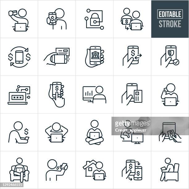 mobile and online banking thin line icons - editable stroke - portable information device stock illustrations
