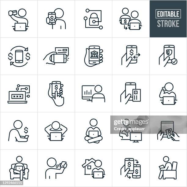 mobile and online banking thin line icons - editable stroke - cheque deposit stock illustrations