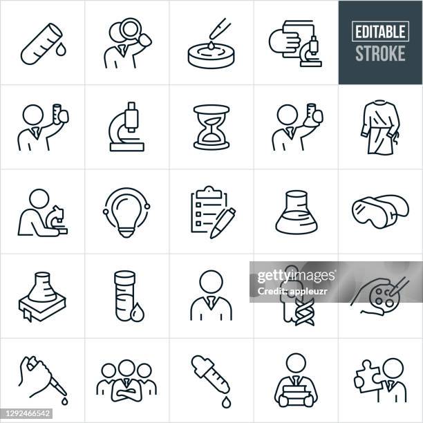 ilustraciones, imágenes clip art, dibujos animados e iconos de stock de iconos de línea delgada de laboratorio - trazo editable - investigación médica