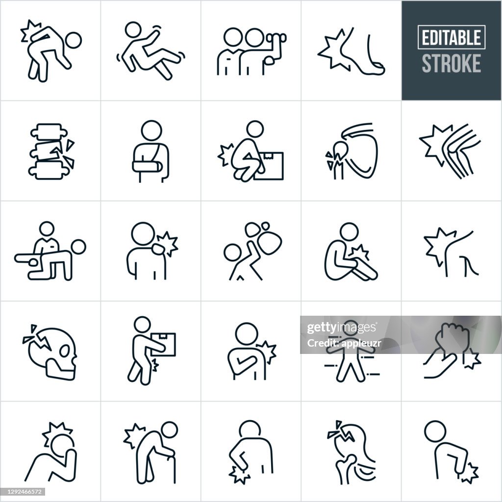 Iconos de línea fina de lesiones y dolor - Trazo editable