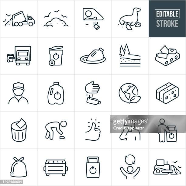 ilustraciones, imágenes clip art, dibujos animados e iconos de stock de iconos de línea fina de basura y reciclaje - trazo editable - basura