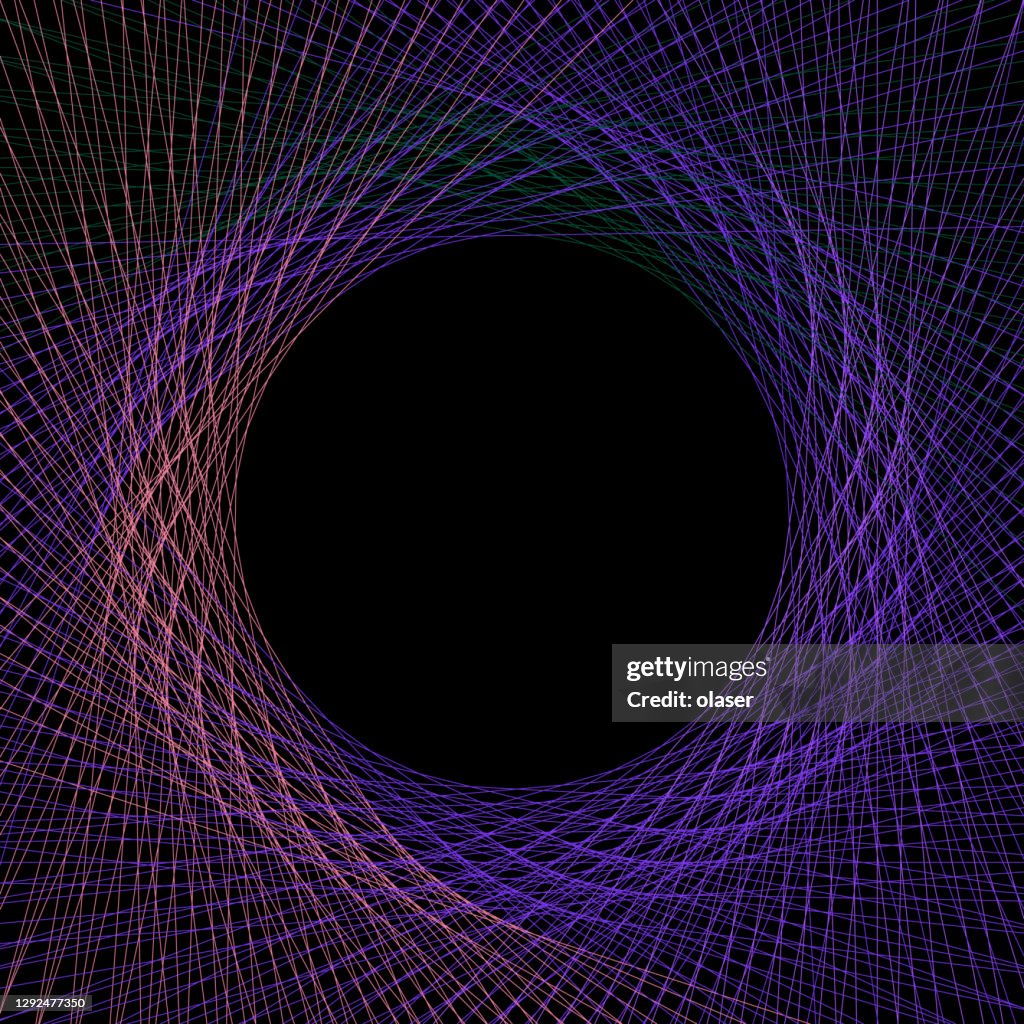 Abstract detailed multicolored lines rotating and touching black sphere, copy space in middle.