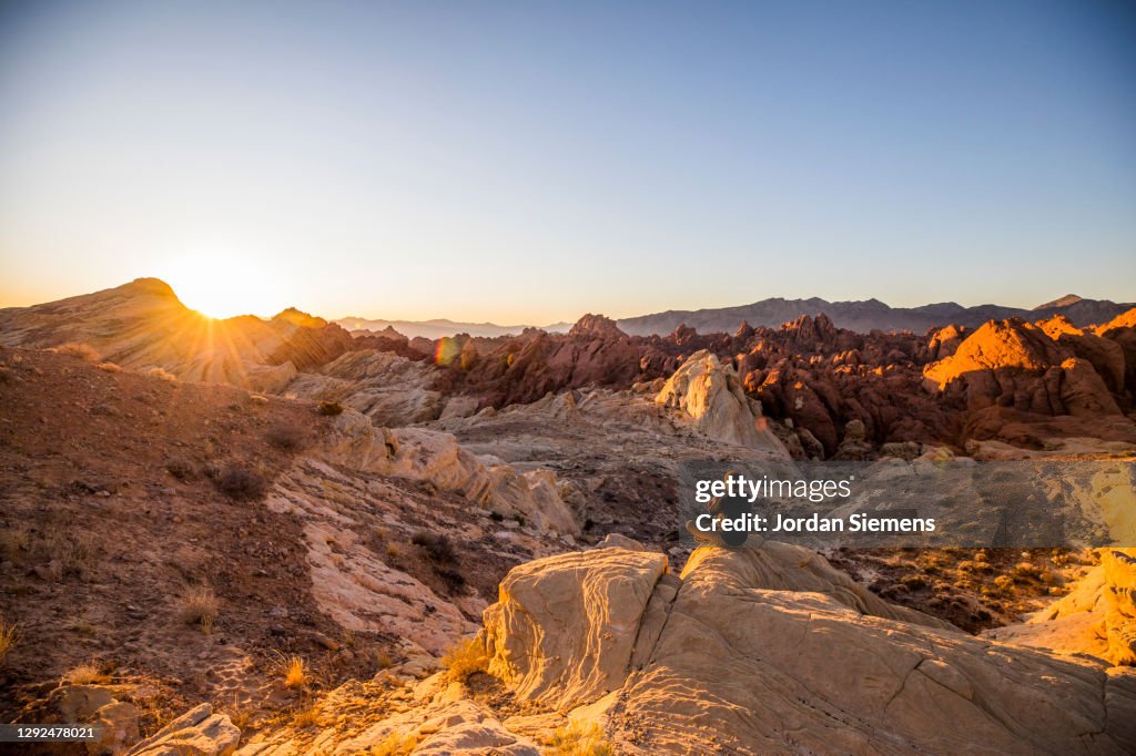 A man sitting on a rock watching the sunrise in the desert.