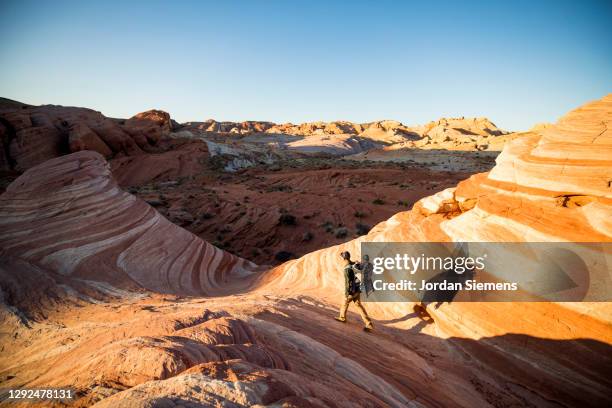 a man carrying his son in a backpack while hiking in the red rocky desert landscape. - nevada stock-fotos und bilder