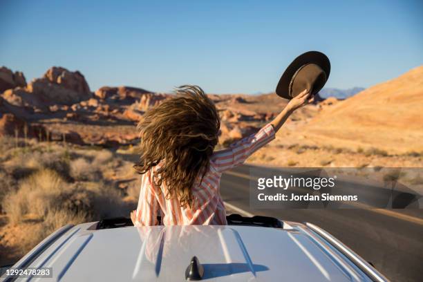 a woman celebrating out her sunroof window in the desert. - paysage fun photos et images de collection