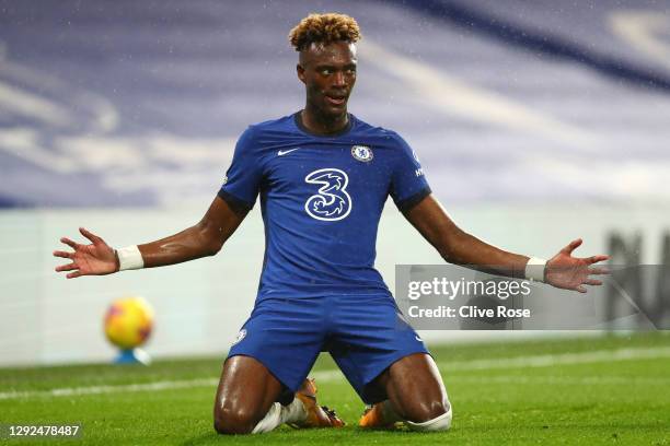 Tammy Abraham of Chelsea celebrates after scoring their team's second goal during the Premier League match between Chelsea and West Ham United at...