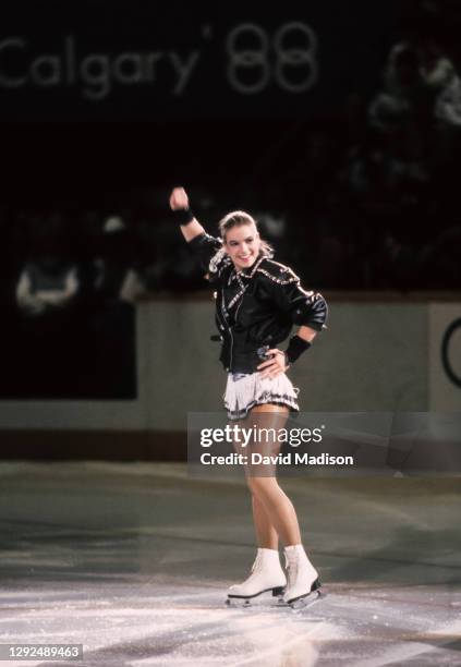 Olympic Gold Medalist Katarina Witt of the German Democratic Republic skates in the Exhibition of the Figure Skating competition at the 1988 Winter...