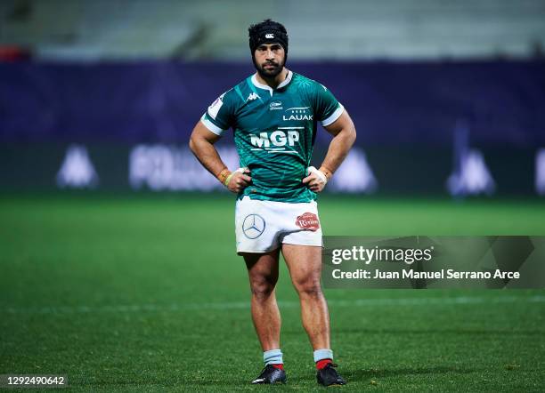 Malietoa Hingano of Bayonne reacts during the European Rugby Challenge Cup match between Bayonne and Leicester Tigers at Stade Jean Dauger on...