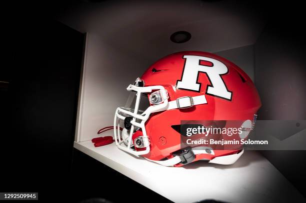 Detailed view of a Rutgers Scarlet Knights helmet ahead of a regular season game against the Nebraska Cornhuskers at SHI Stadium on December 18, 2020...