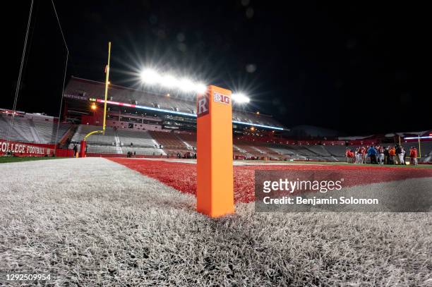 General view of a pylon with the Big Ten Conference and Rutgers logo during a regular season game against the Nebraska Cornhuskers at SHI Stadium on...
