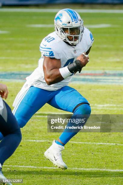 Jarrad Davis of the Detroit Lions plays against the Tennessee Titans at Nissan Stadium on December 20, 2020 in Nashville, Tennessee.