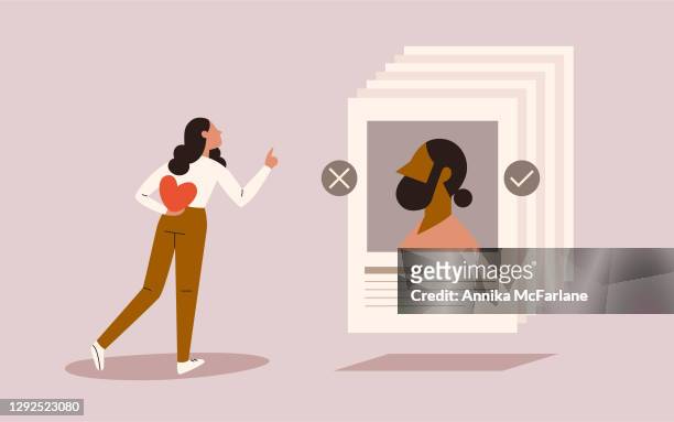 young woman of color looking for love on an online dating app - mobile app stock illustrations