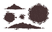 Soil for growing plants set. Pile of ground, heap of soil. For agricultural. Top and bottom view. Round long and small. Vector illustration.