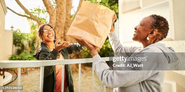femme de sourire livrant un sac d’épicerie à un aîné à la maison - voisin photos et images de collection