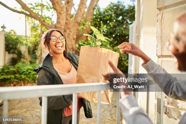 smiling woman delivering groceries to a senior at home - welcome back phrase imagens e fotografias de stock
