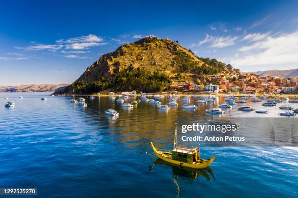 copacabana city in bolivia and titicaca lake aerial view - titicacameer stockfoto's en -beelden