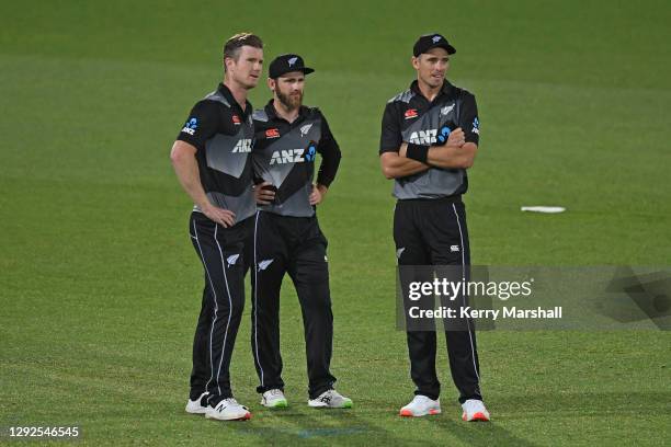 Jimmy Neesham, Kane Williamson, and Tim Southee during the third game of the International T20 series between New Zealand and Pakistan at McLean Park...