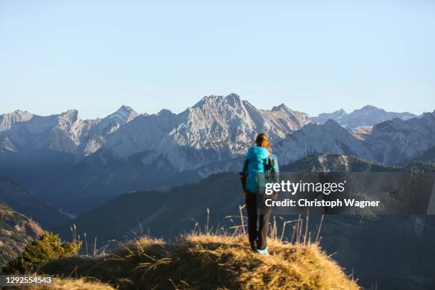 woman hiking in the mountains - alpes do allgäu imagens e fotografias de stock