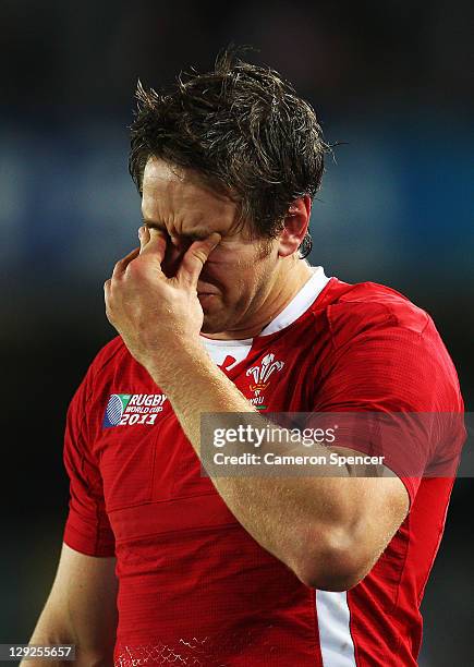 Ryan Jones of Wales looks dejected after semi final one of the 2011 IRB Rugby World Cup between Wales and France at Eden Park on October 15, 2011 in...