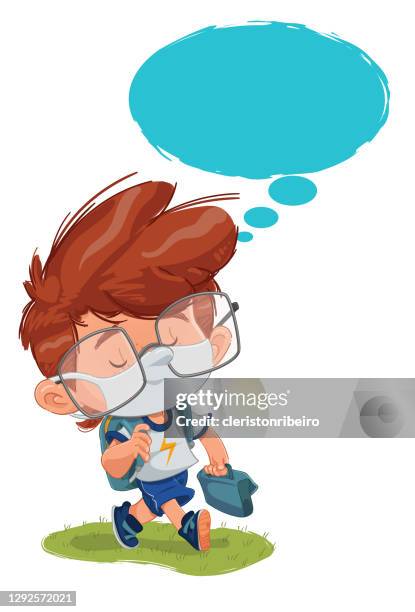 boy walking and thinking (in mask) - lunchbox stock illustrations