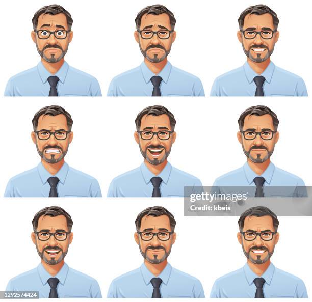 ilustraciones, imágenes clip art, dibujos animados e iconos de stock de empresario con barba y gafas retrato- emociones - con barba y gafas