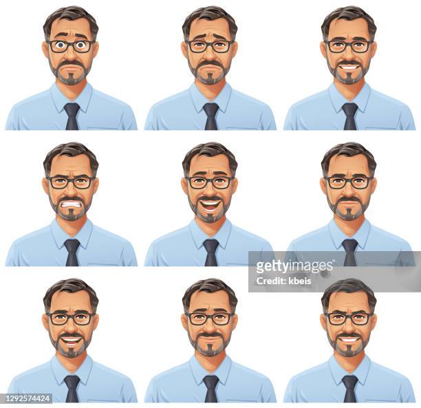 illustrazioni stock, clip art, cartoni animati e icone di tendenza di uomo d'affari con barba e occhiali ritratto- emozioni - businessman