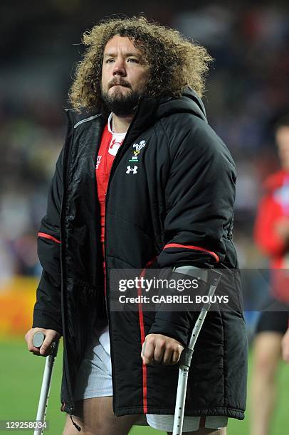 Wales' prop Adam Jones reacts after the 2011 Rugby World Cup semi-final match Wales vs France at the Eden Park in Auckland on October 15, 2011. AFP...