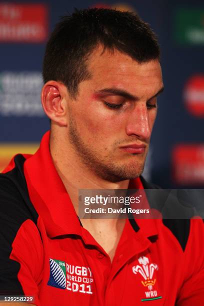 Wales captain Sam Warburton speaks to the media at a post match press conference after semi final one of the 2011 IRB Rugby World Cup between Wales...