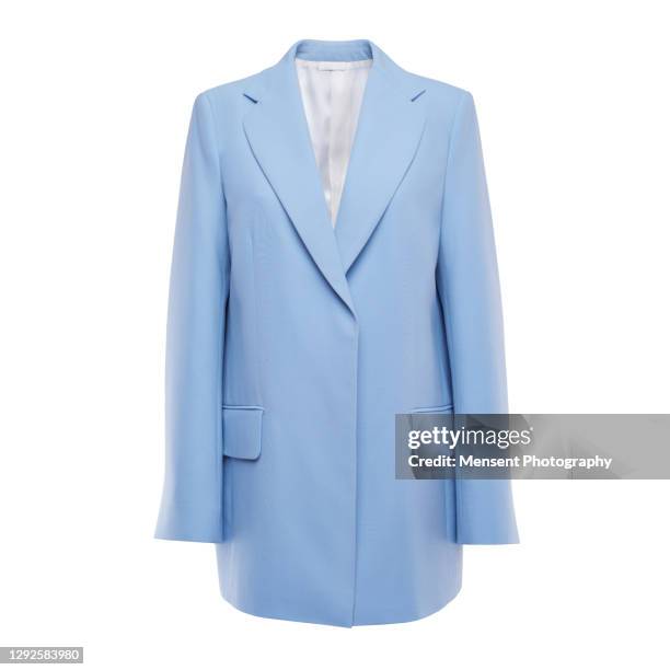 blue women's insulated jacket in white background, invisible mannequin - dinner jacket stock-fotos und bilder