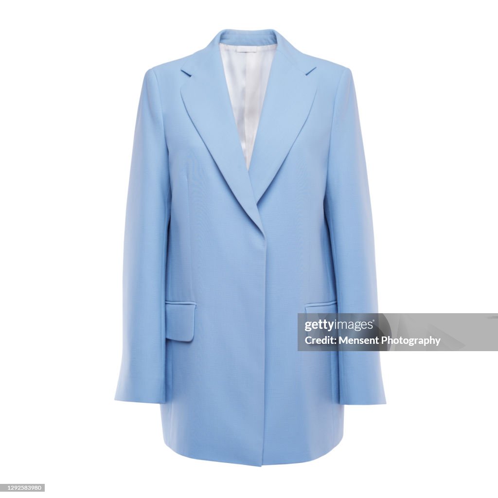 Blue women's insulated jacket in white background, invisible mannequin