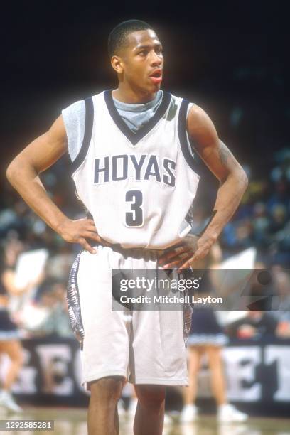 Allen Iverson of the Georgetown Hoyas looks on during a college basketball game against the Notre Dame Fighting Irish at the USAir Arena on February...