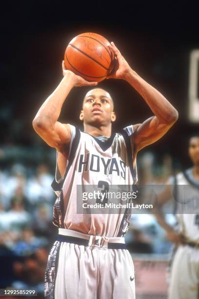 Allen Iverson of the Georgetown Hoyas ctakes a foul shot during a college basketball game against the Villanova Wildcats on March 1, 1996 at USAir...