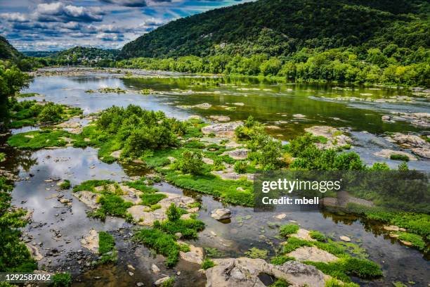 rocks and green foliage on the potomac river at harpers ferry national historical park wv - potomac maryland stock pictures, royalty-free photos & images