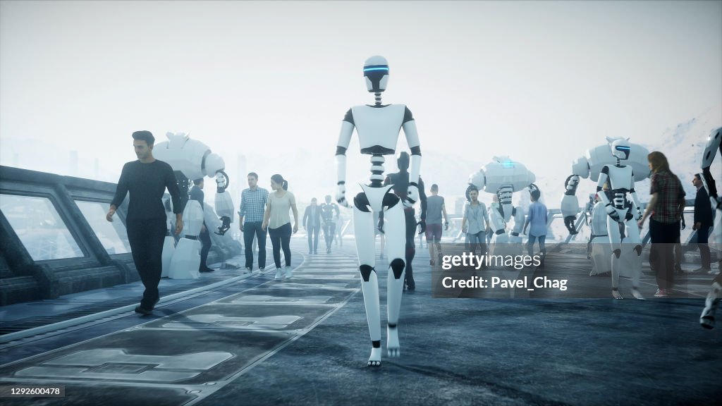 Robot in Sci fi tonnel. Concept of future.. 3d rendering..3d rendering.