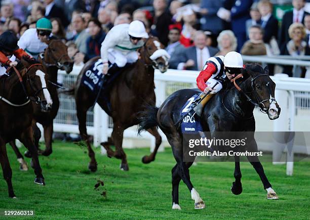 Johny Murtagh riding Deacon Blues win the Qipco British Champions Sprint Stakes at Ascot racecourse on October 15, 2011 in Ascot, England.