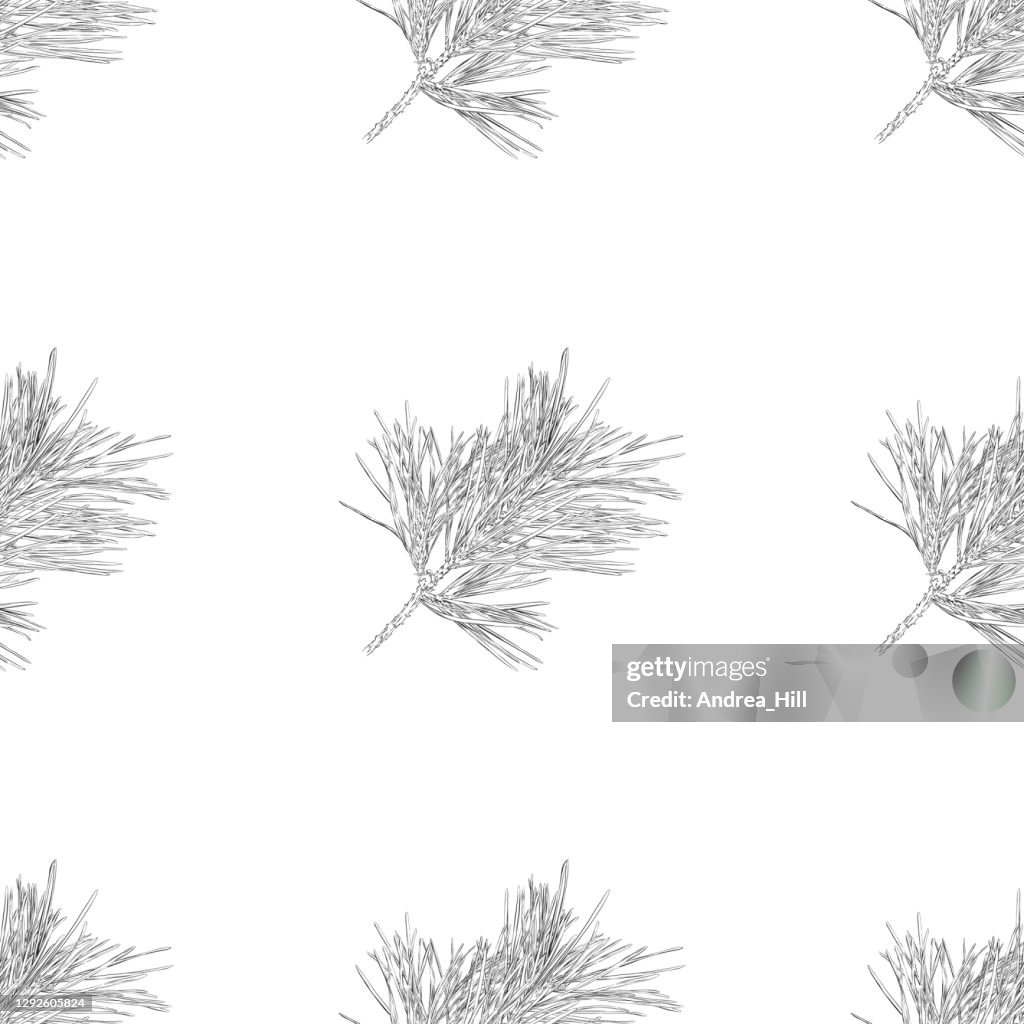 Red Pine Sprig Drawing in a Seamless Pattern. Vector EPS10 Illustration