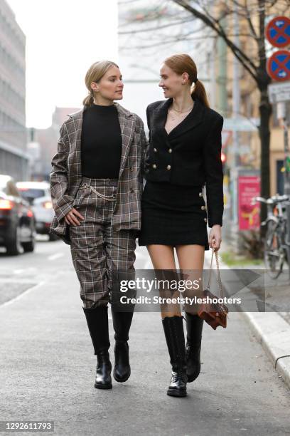 Influencer Marie von den Benken alias @regendelfin wearing a blonde fringe bob hairstyle, a brown checkered suit by na-kd, black knee high platform...